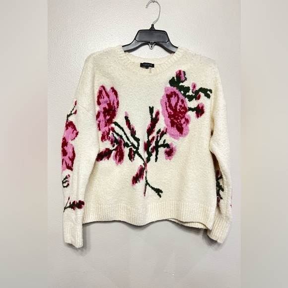 1. State Sweaters - 1. State Women's Cream With Pink Floral Accents Crewneck Sweater Size Small Rose